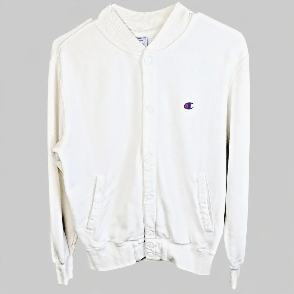 Champion Reverse Weave Snap Cardigan Sweatshirt‎ Mens M White Boxy Heritage Fit